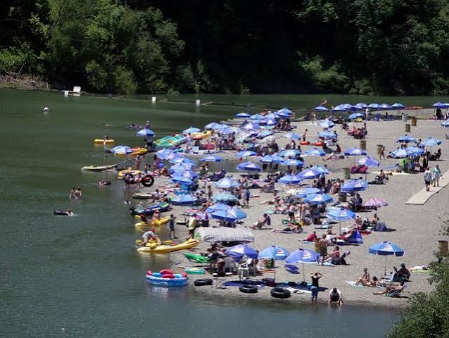 Johnson's Beach in Guerneville packed with umbrellas, kayaks, and swimmers on a summer day