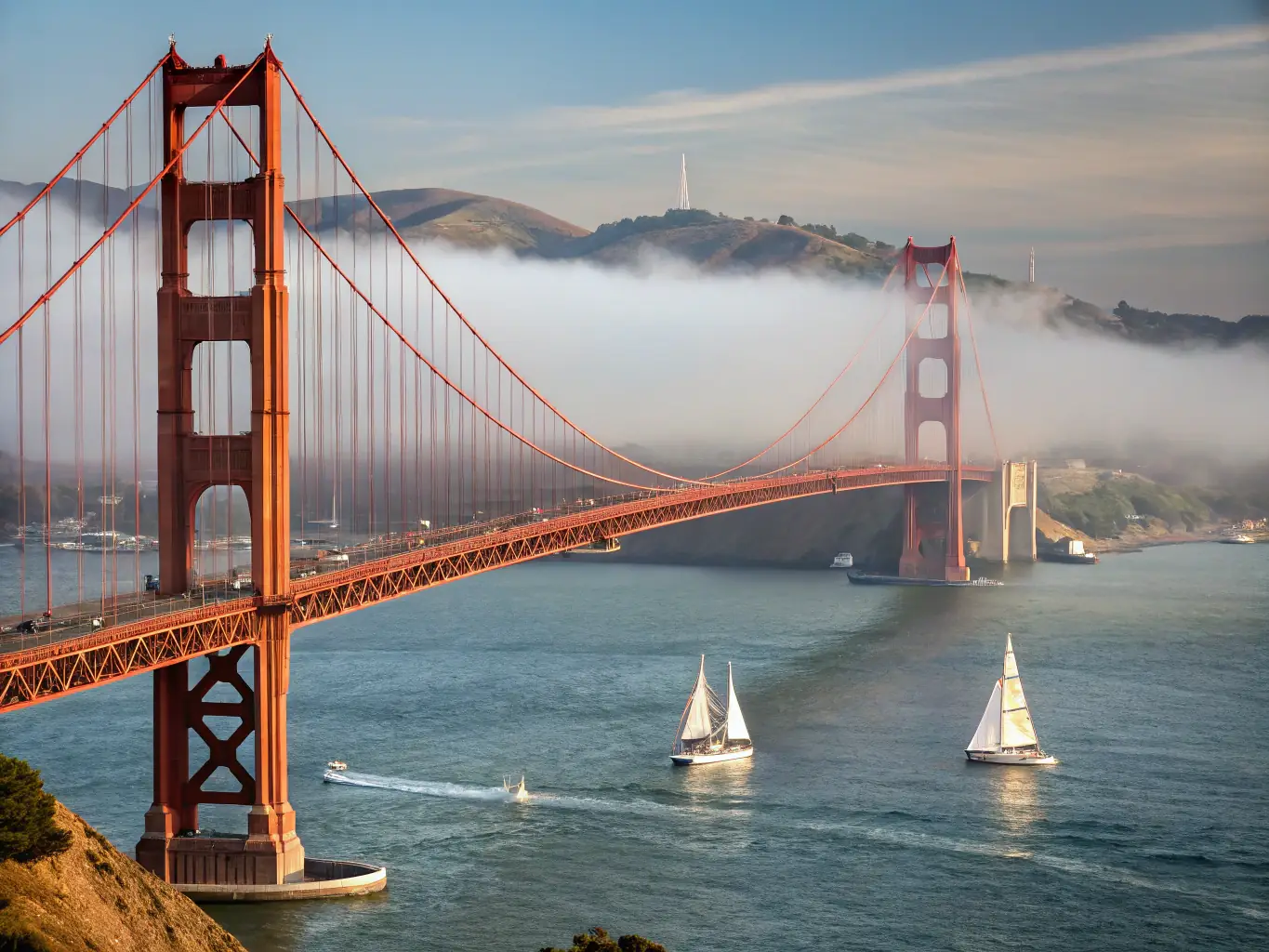 A scenic view of the Golden Gate Bridge in San Francisco, representing Northern California, with fog rolling in and the city skyline in the background.