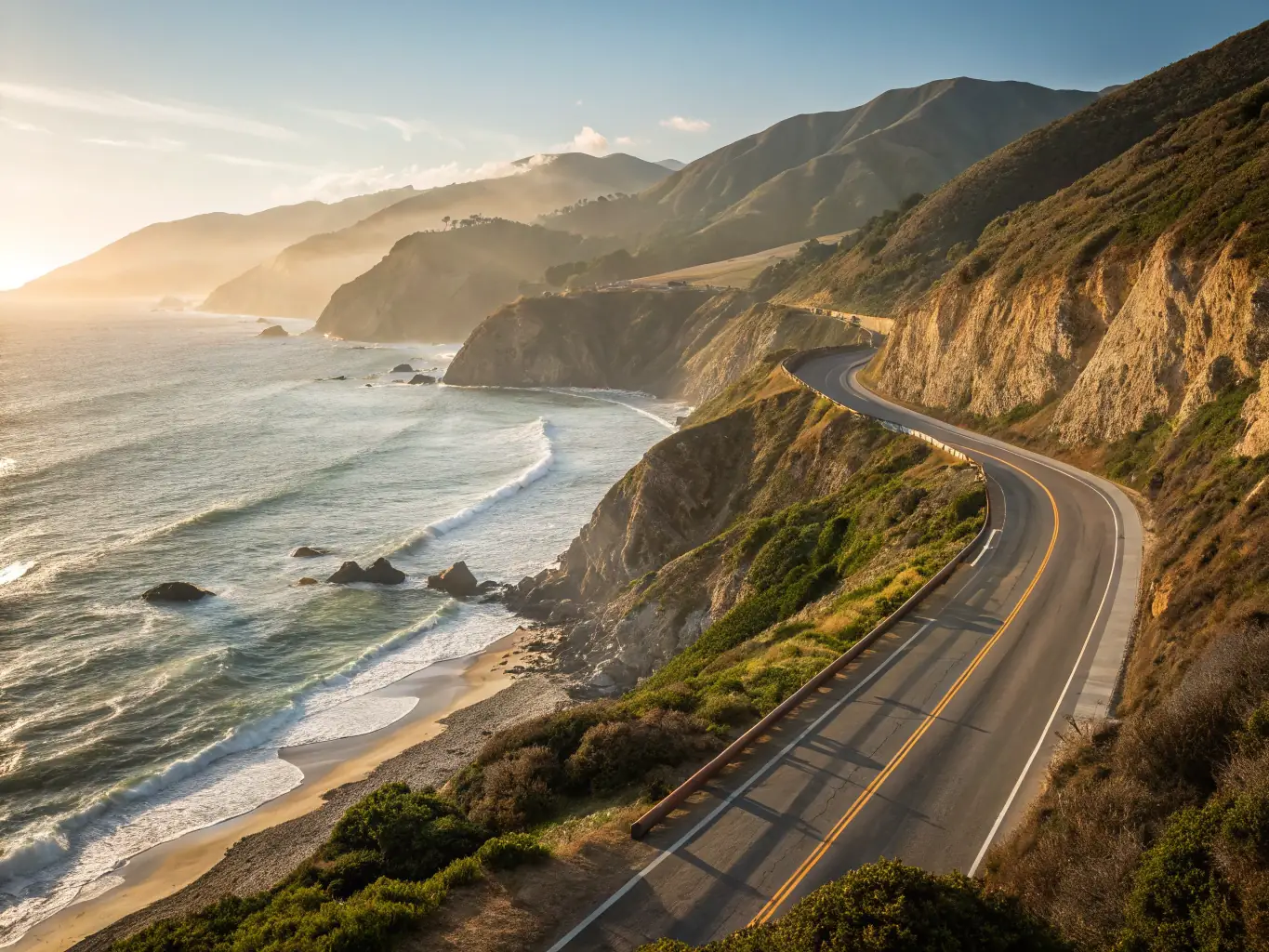 A picturesque view of Big Sur along the Central Coast, with winding roads and dramatic cliffs overlooking the Pacific Ocean.